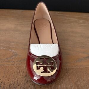 Tory Burch Burgundy Patent Leather Flats with Gold Emblem